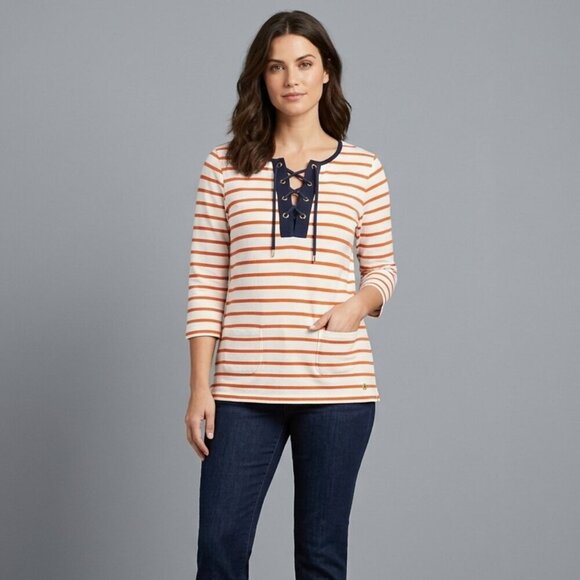 Tommy Hilfiger Tops - Tommy Hilfiger Orange, Navy And White Striped Lace Up Top